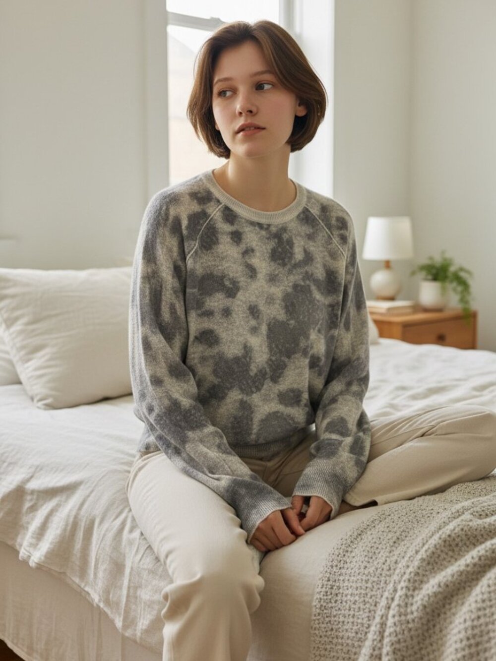 Chic Jonn+Jenn sheer 100% linen top, grey die print, womens S